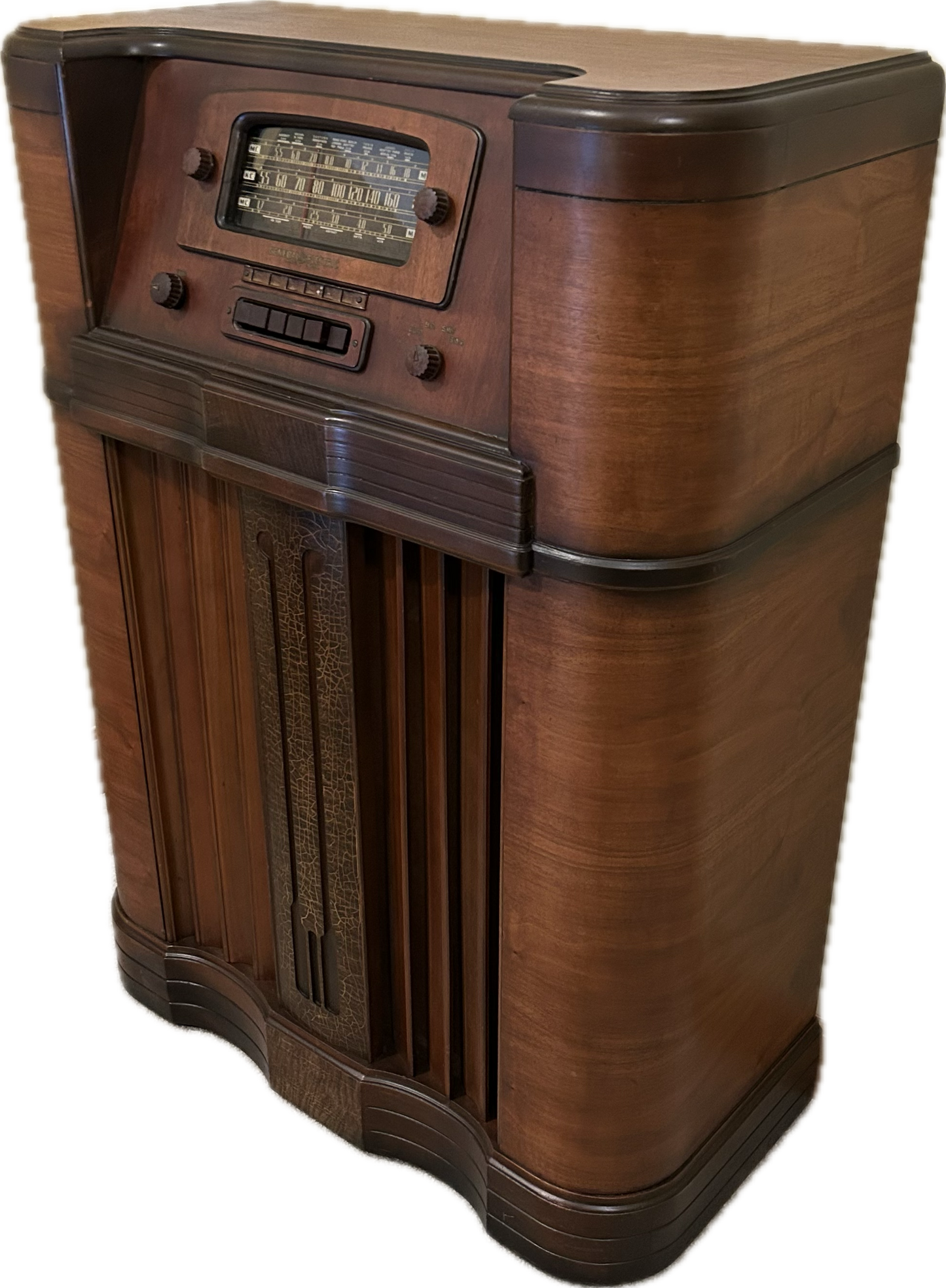 Vintage wooden radio on a white background