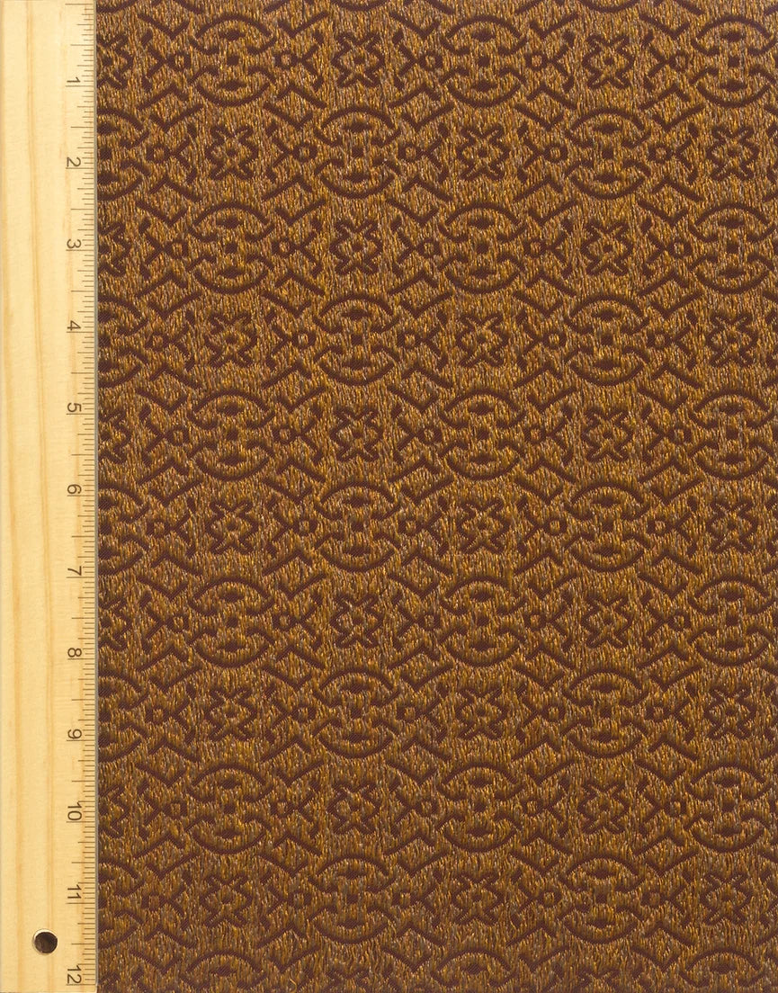 Front USA-made Art Deco bronze and red vintage speaker grill cloth, perfect for restoring 1930s-40s RCA 100 Series Cathedral and Tombstone radios with authentic style.