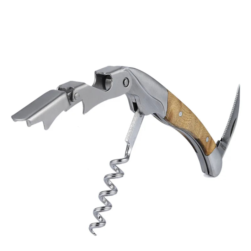 Corkscrew with wooden handle on a white background