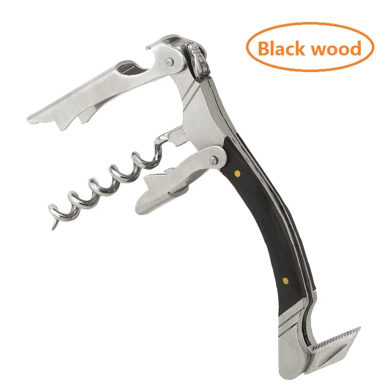 Corkscrew with black wood handle on a white background