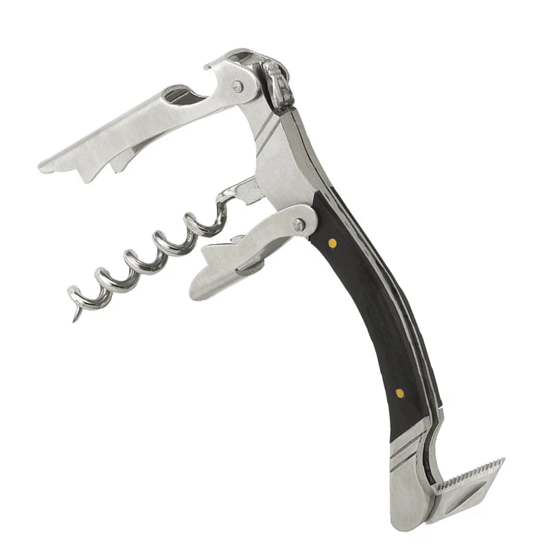 Corkscrew with black handle on a white background