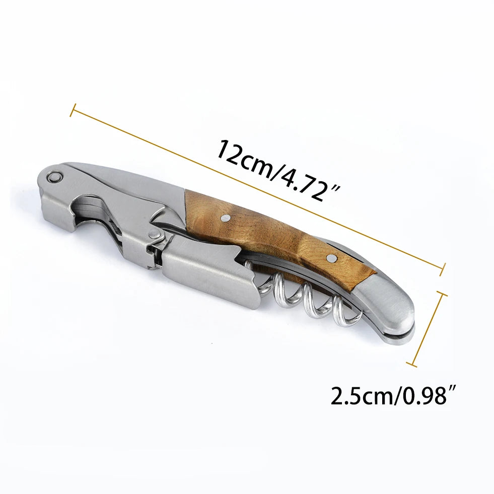 Wine opener with wooden handle and measurements on a white background