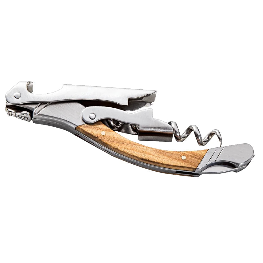 Corkscrew with wooden handle on a white background