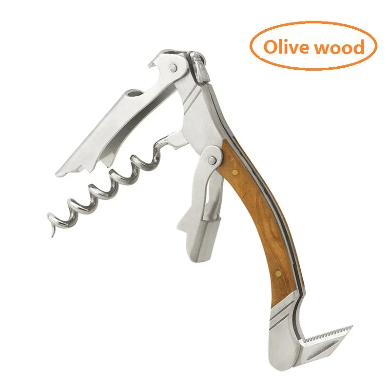 Corkscrew with wooden handle on a white background, labeled 'Olive wood'.