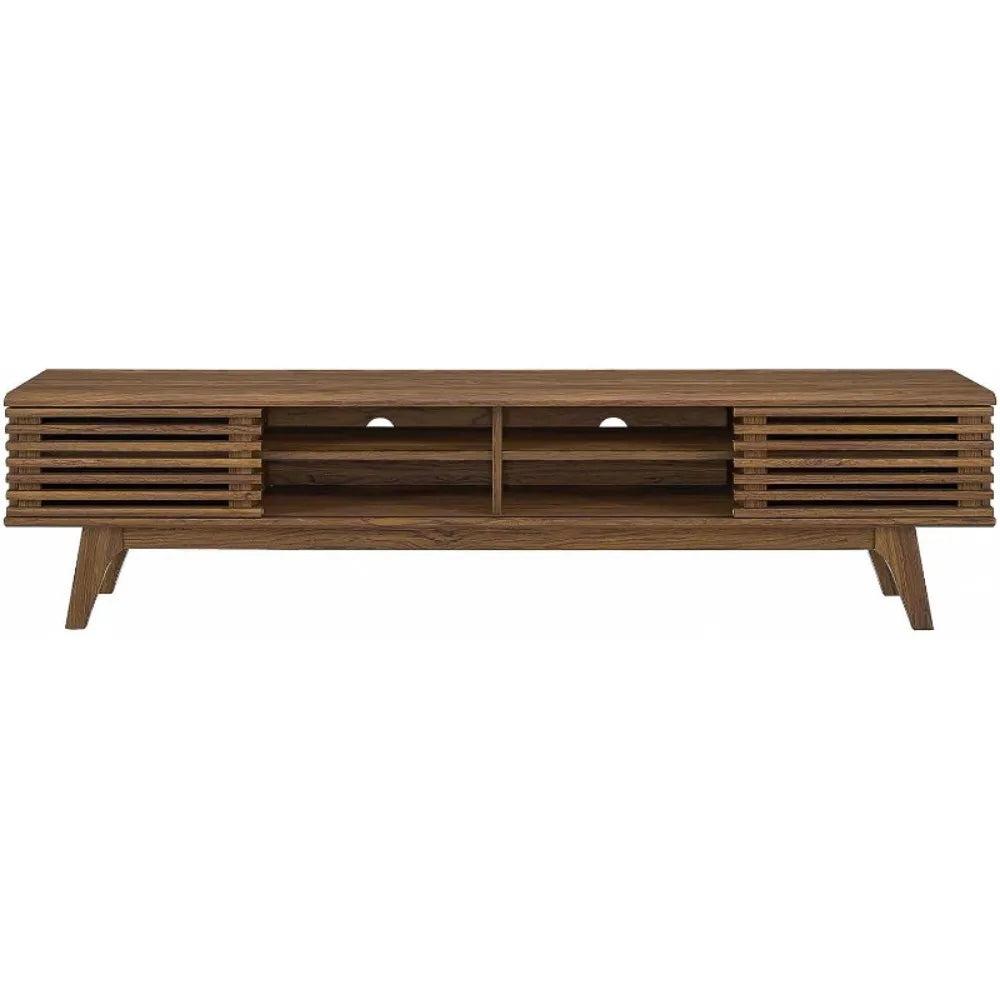 Mid modern century TV stand with wood finish, tapered legs, and storage shelves, retro media console for flat-screen TVs up to 65 inches