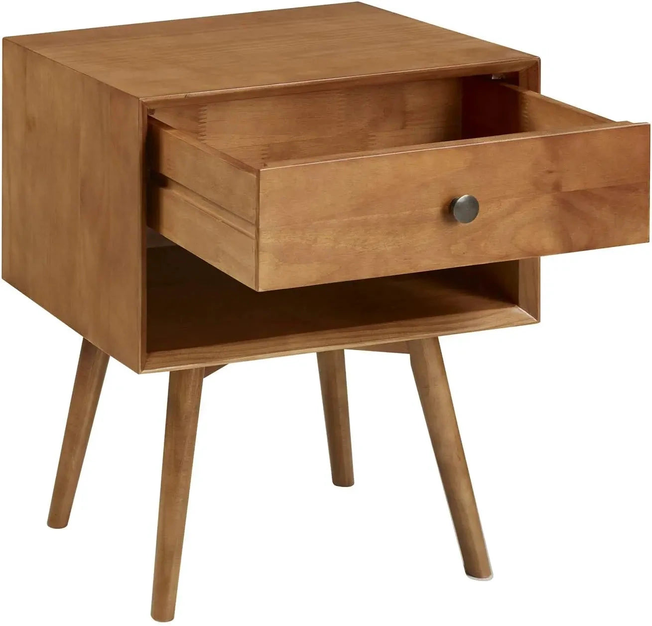 Mid-century turntable stand with vinyl record storage, wooden record player cabinet featuring tapered legs, open shelves, and retro design