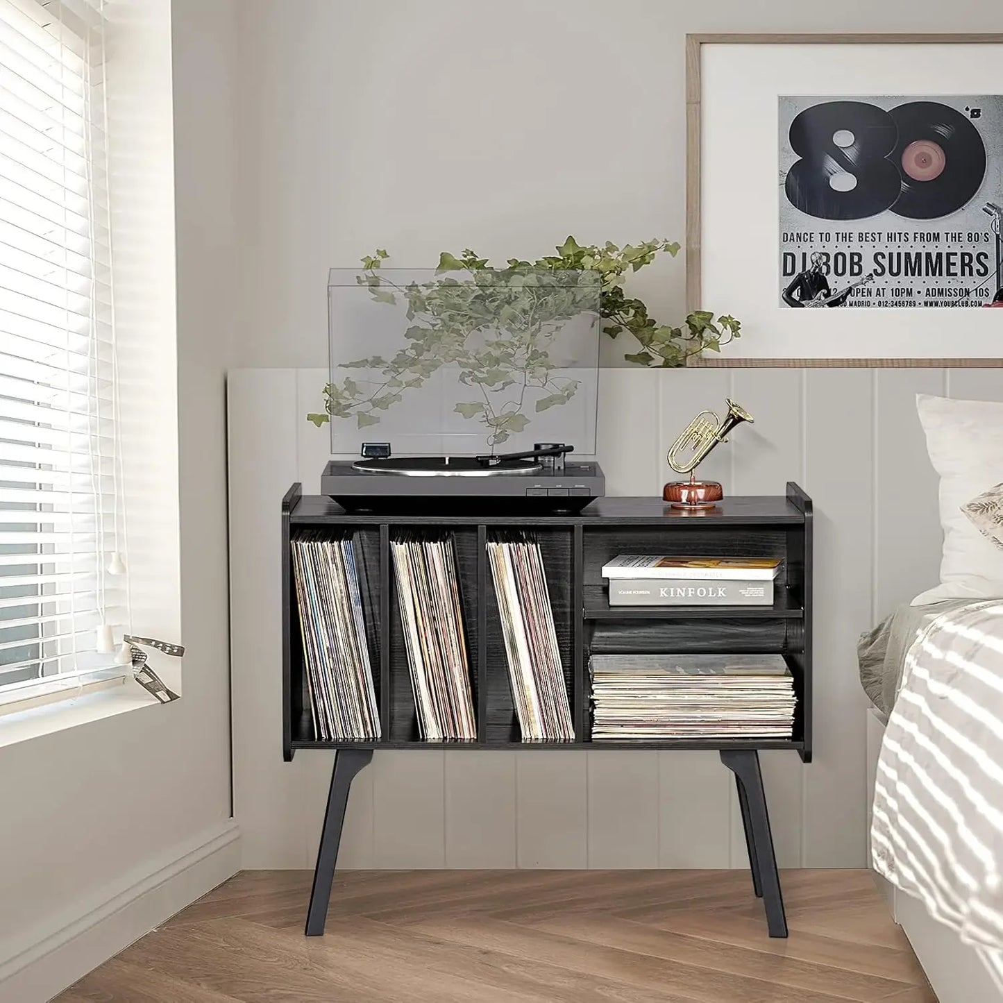 Mid-century record cabinet with vinyl storage and turntable tabletop, natural black wood finish, compact design for living room or home office