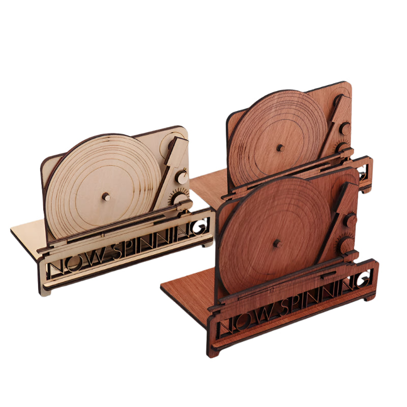 Wooden now spinning record stand with a laser-cut turntable design, available in multiple wood finishes, perfect for displaying vinyl album covers in style.