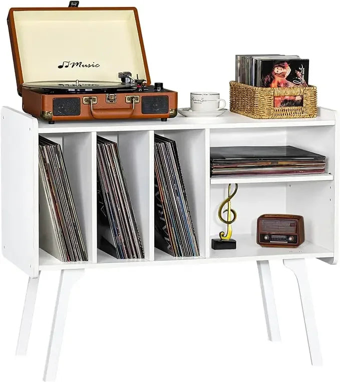 White Mid-century record player stand with vinyl storage, available in white, walnut, and retro brown, featuring shelves and LP compartments for turntable setup