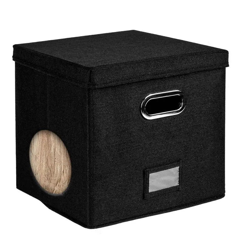 Black vinyl record storage box made of durable cotton linen, designed to hold LPs, 12-inch, and 7-inch records in a sleek and stylish design.