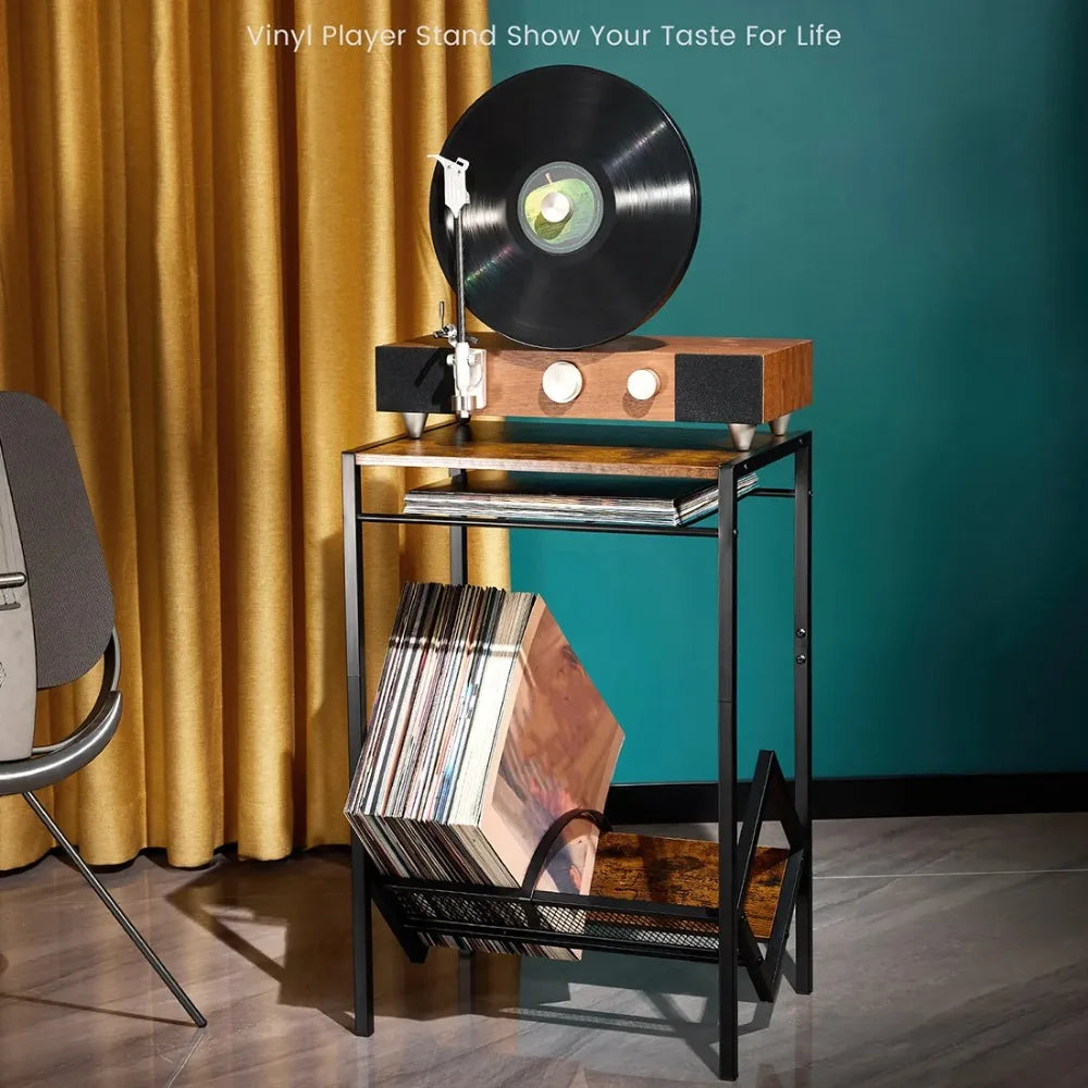 Elegant record player stand with a sturdy frame and retro aesthetic.