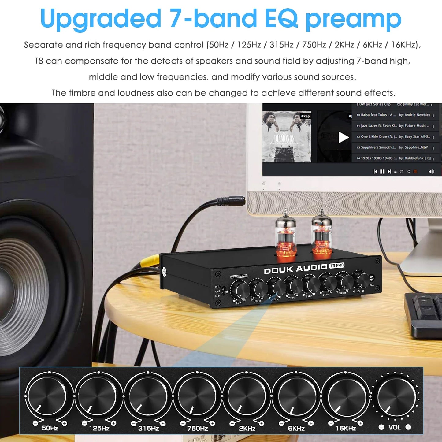 Douk Audio T8PRO tube preamp with 7-band EQ, XLR/RCA inputs, and HiFi vacuum tubes for rich, customizable audio performance"