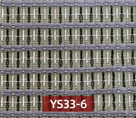 A close-up of a woven fabric texture with horizontal stripes in gray, sage green, black, and white,