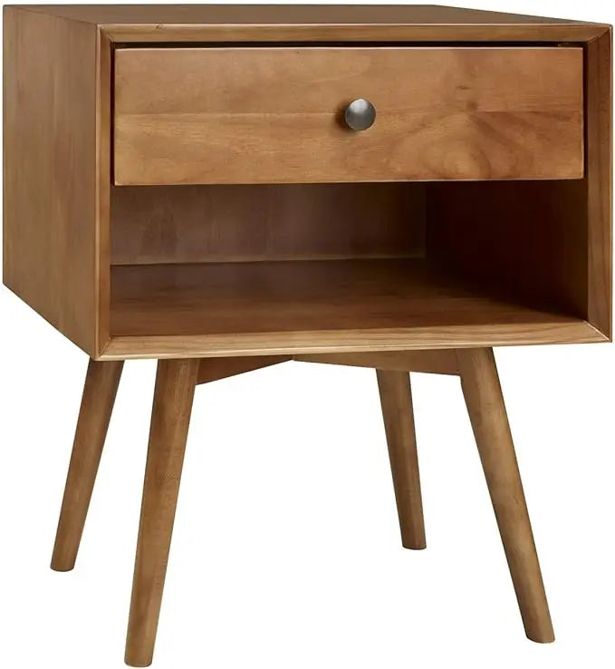 Mid-century turntable stand with vinyl record storage, wooden record player cabinet featuring tapered legs, open shelves, and retro design