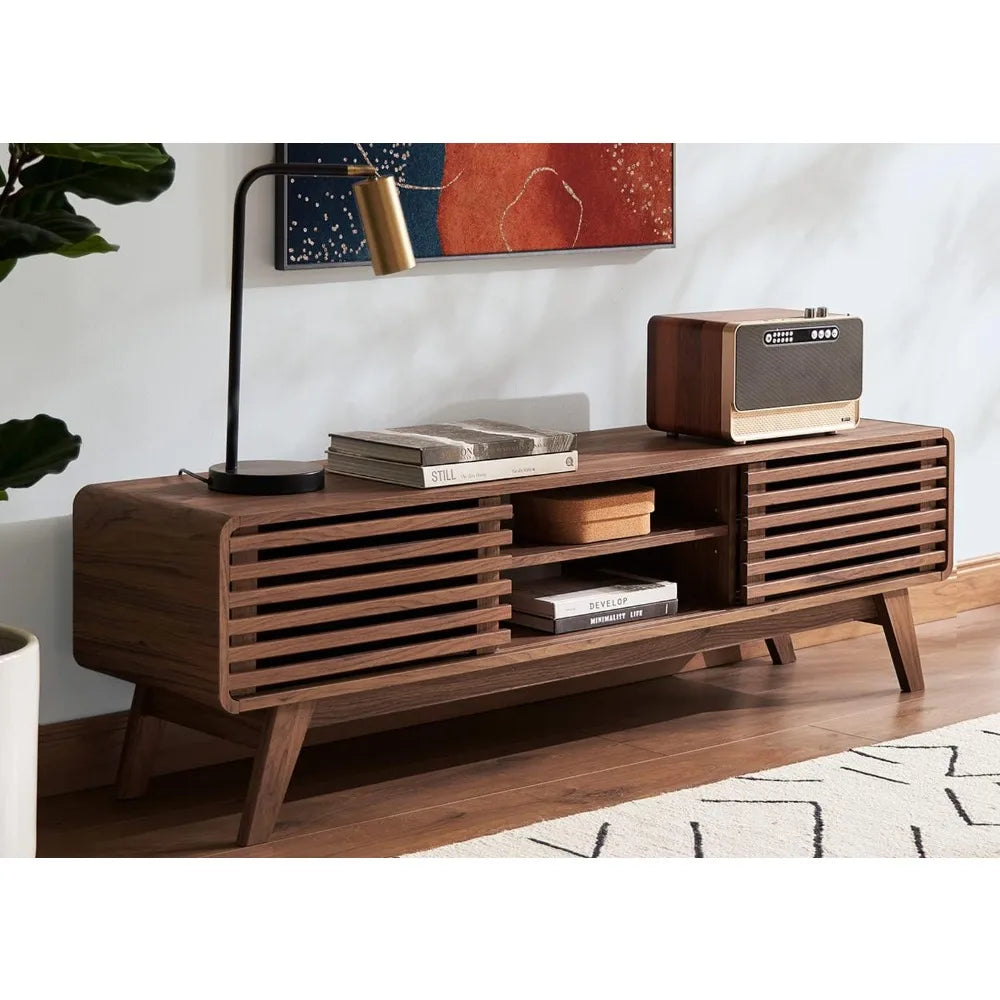 Mid-century walnut TV stand with tapered legs and storage shelves, stylish wood media console for flat-screen TVs up to 65 inches