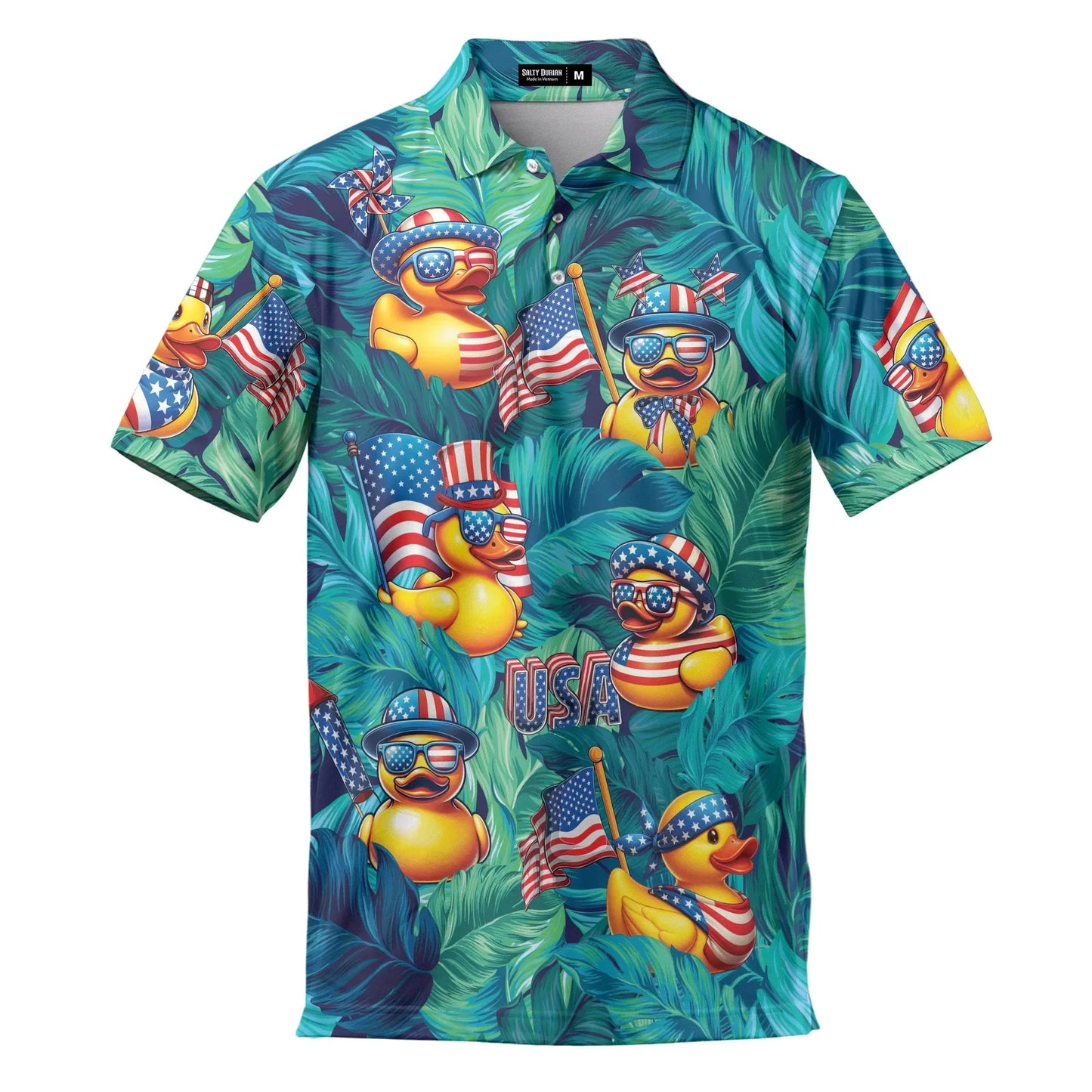 Hawaiian shirt with rubber duckies holding American flags and palm leaves on a white background