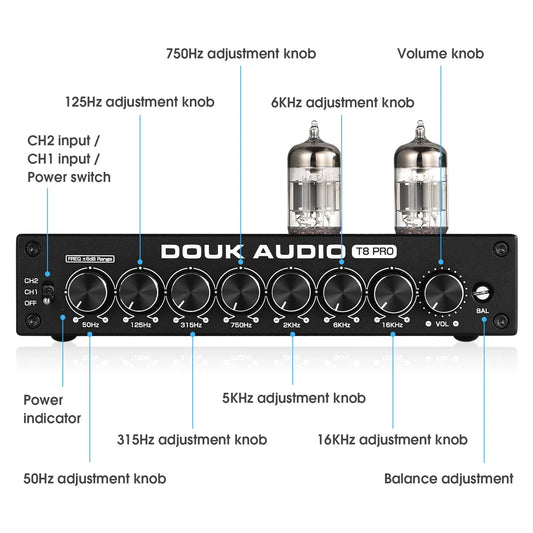 Douk Audio T8PRO tube preamp with 7-band EQ, XLR/RCA inputs, and HiFi vacuum tubes for rich, customizable audio performance"