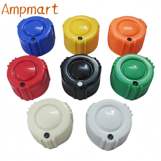 Set of colorful plastic knobs on a white background with 'Ampmart' branding.