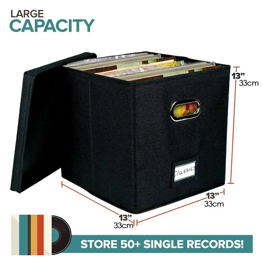 Black vinyl record storage box made of durable cotton linen, designed to hold LPs, 12-inch, and 7-inch records in a sleek and stylish design.