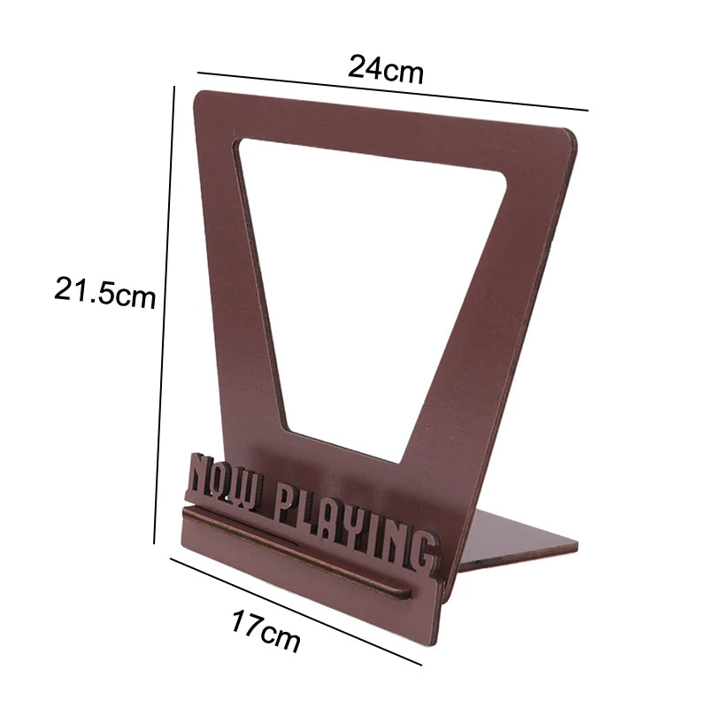 Wooden now spinning record stand with a laser-cut turntable design, available in multiple wood finishes, perfect for displaying vinyl album covers in style.