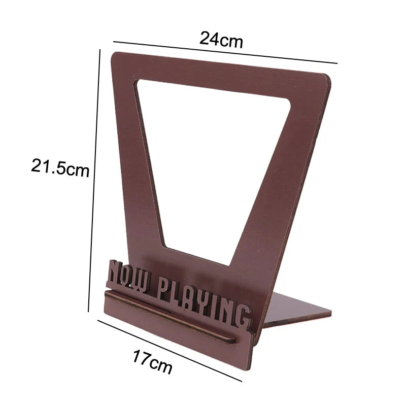 Wooden now spinning record stand with a laser-cut turntable design, available in multiple wood finishes, perfect for displaying vinyl album covers in style.