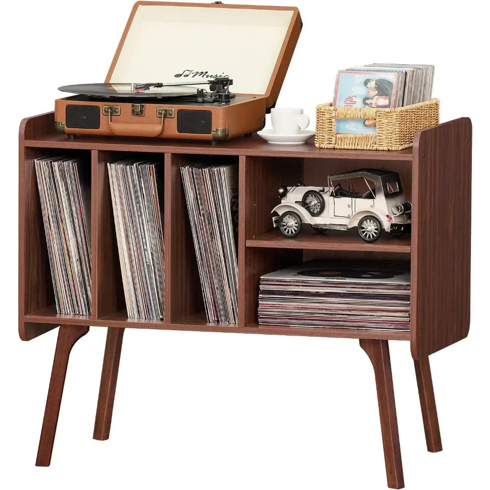 Mid-century record player stand with vinyl storage, available in white, walnut, and retro brown, featuring shelves and LP compartments for turntable setup