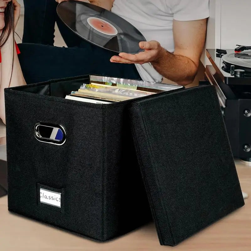 Black vinyl record storage box made of durable cotton linen, designed to hold LPs, 12-inch, and 7-inch records in a sleek and stylish design.