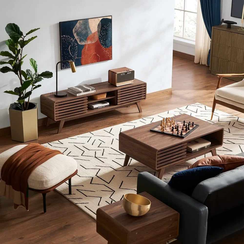 Mid-century walnut TV stand with tapered legs and storage shelves, stylish wood media console for flat-screen TVs up to 65 inches