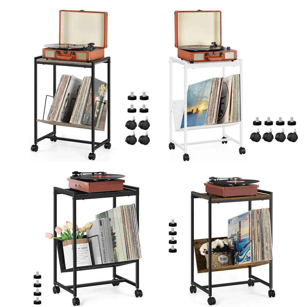 Record player stand with vinyl storage compartments, mid-century modern turntable table with shelves for LPs, audio accessories, and decor
