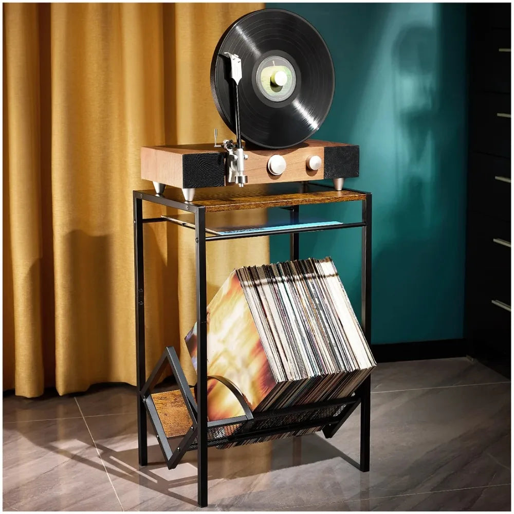 Stylish wooden record player stand holding a turntable and vinyl records.