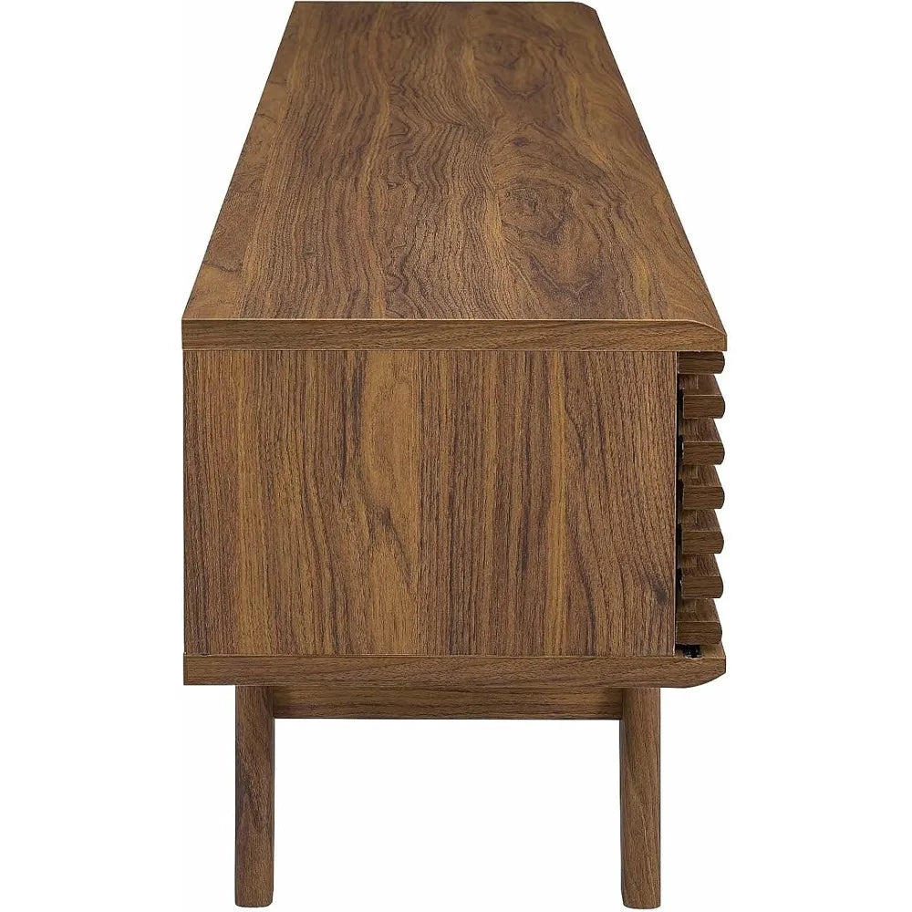 Mid modern century TV stand with wood finish, tapered legs, and storage shelves, retro media console for flat-screen TVs up to 65 inches