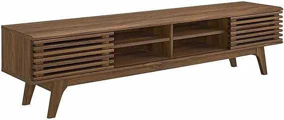 Mid modern century TV stand with wood finish, tapered legs, and storage shelves, retro media console for flat-screen TVs up to 65 inches