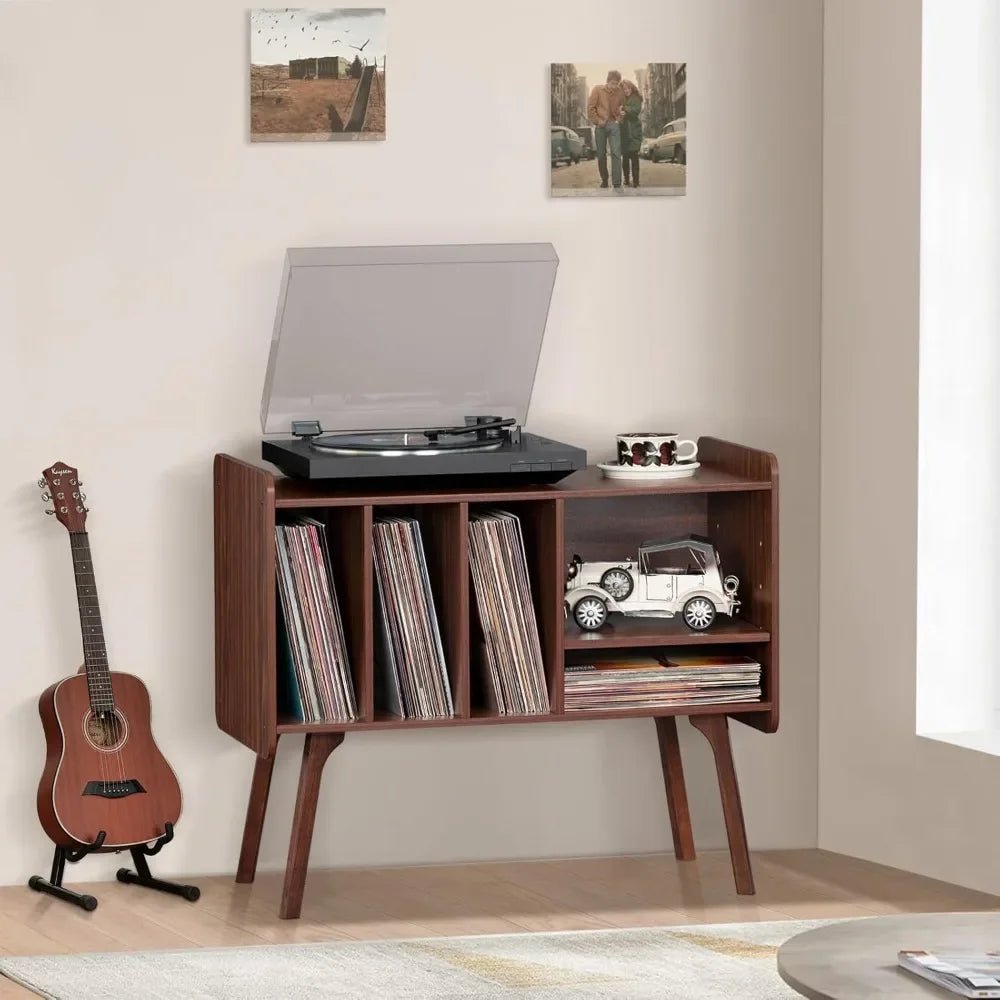Mid-century record player stand with vinyl storage, available in white, walnut, and retro brown, featuring shelves and LP compartments for turntable setup