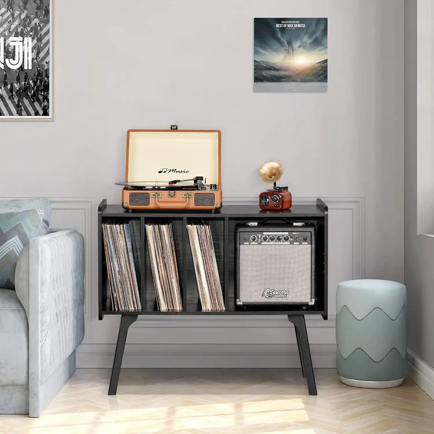 Mid-century record cabinet with vinyl storage and turntable tabletop, natural black wood finish, compact design for living room or home office