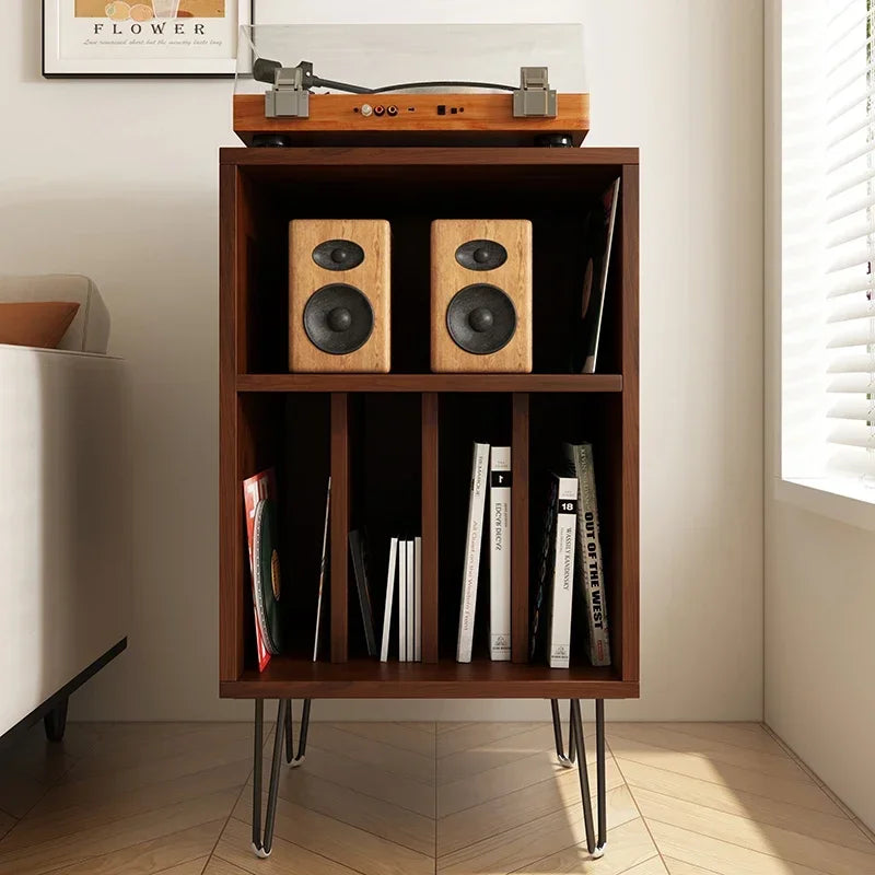 Record storage cabinet with vertical LP compartments, available in white, black, or walnut finish, mid-century modern vinyl organizer with tapered legs