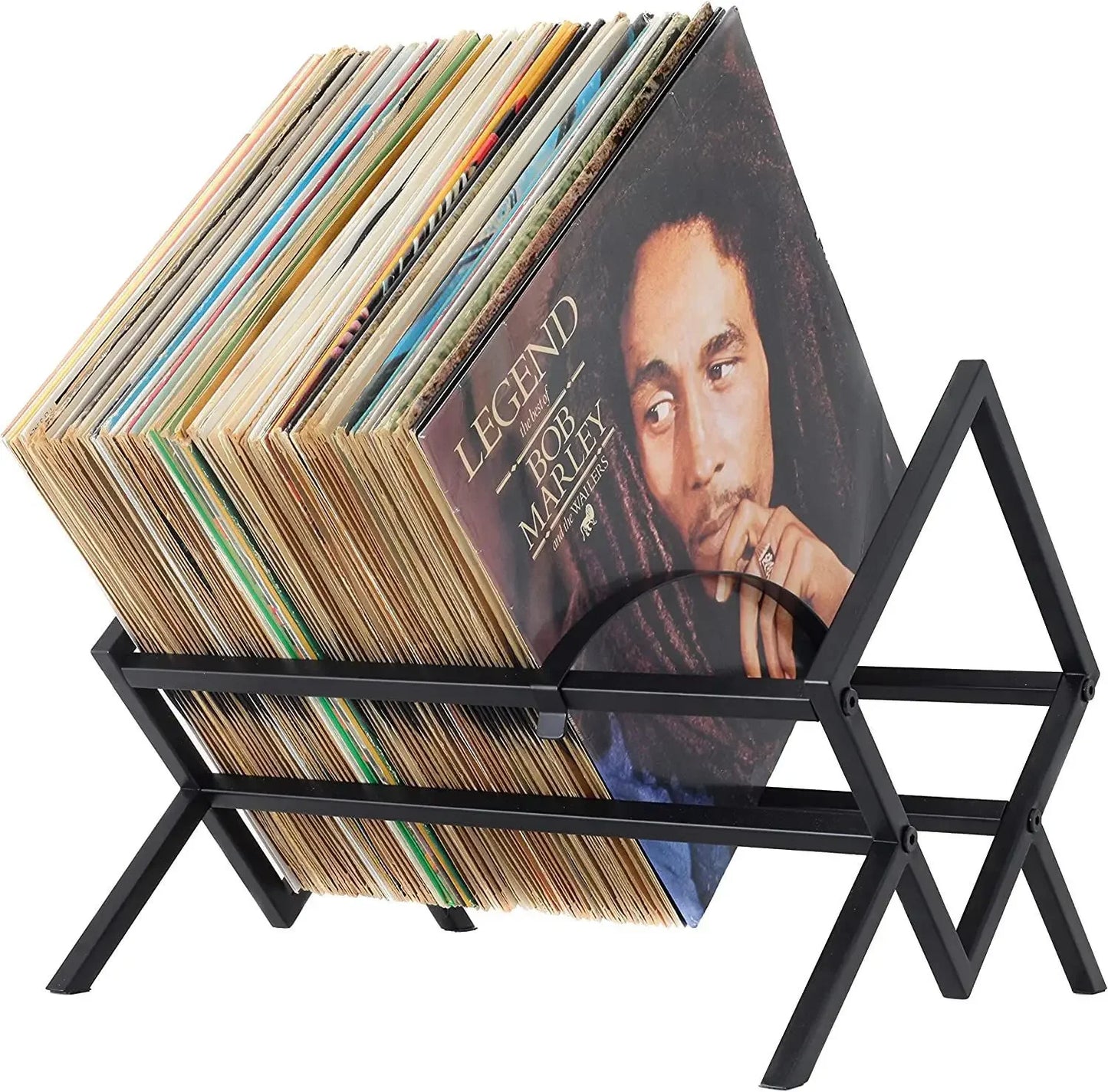 Modern steel vinyl record stand with angled frame and open storage design, holds up to 100 LPs, durable metal construction for easy album browsing and display