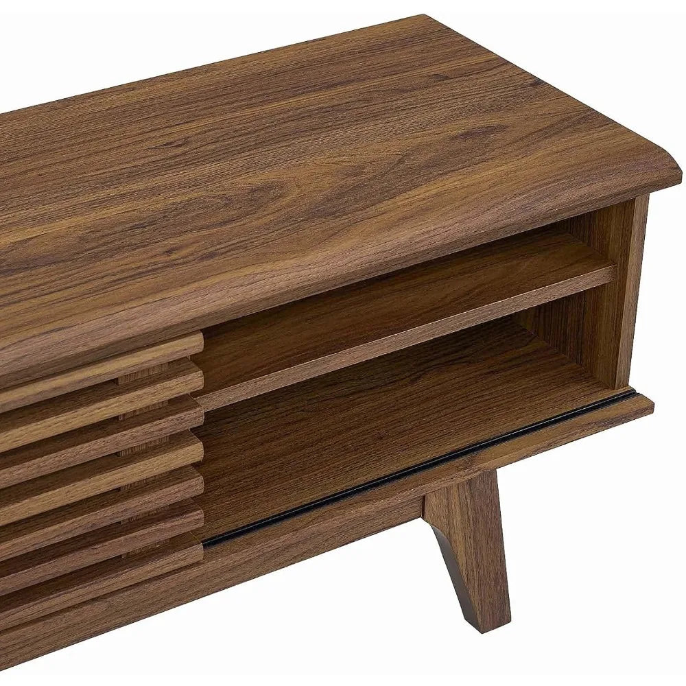 Mid modern century TV stand with wood finish, tapered legs, and storage shelves, retro media console for flat-screen TVs up to 65 inches