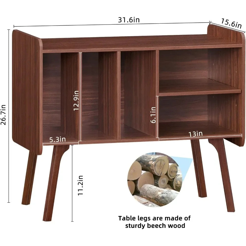 Mid-century record player stand with vinyl storage, available in white, walnut, and retro brown, featuring shelves and LP compartments for turntable setup