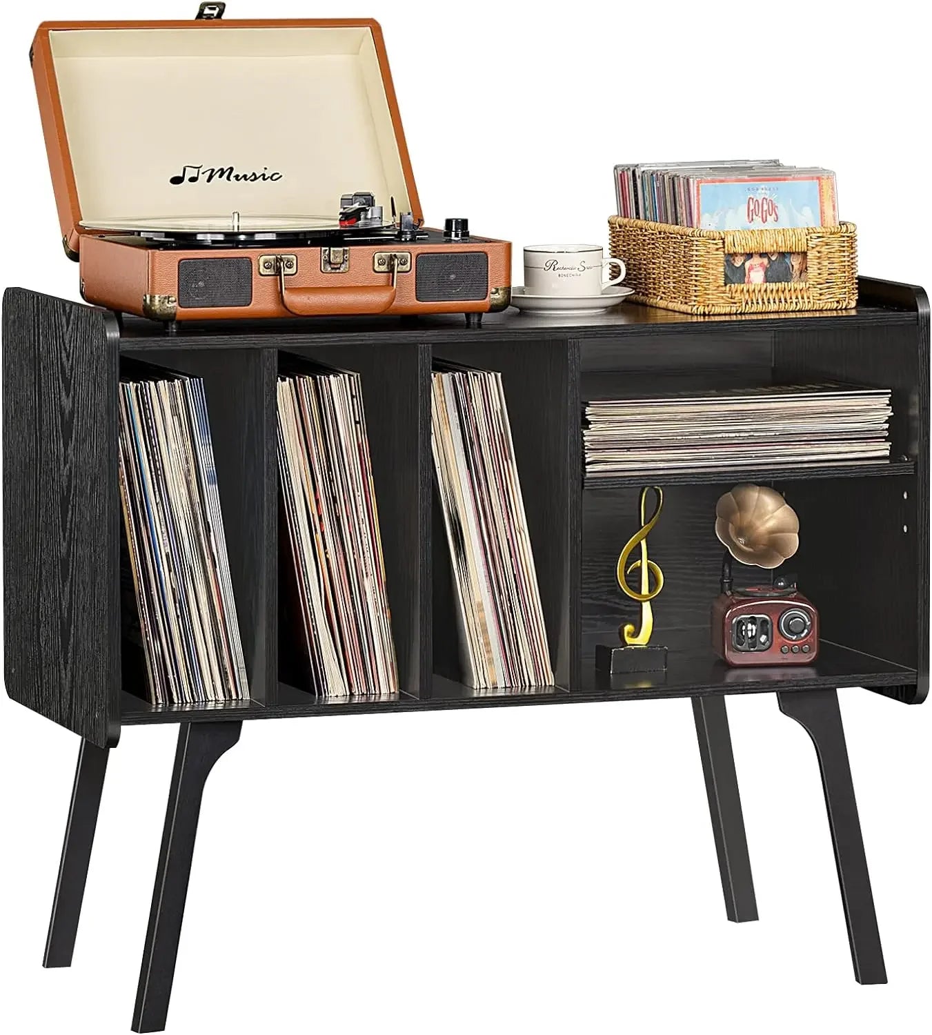 Mid-century record cabinet with vinyl storage and turntable tabletop, natural black wood finish, compact design for living room or home office