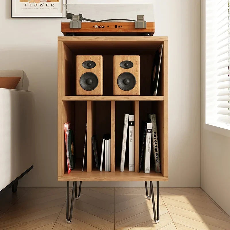 Record storage cabinet with vertical LP compartments, available in white, black, or walnut finish, mid-century modern vinyl organizer with tapered legs