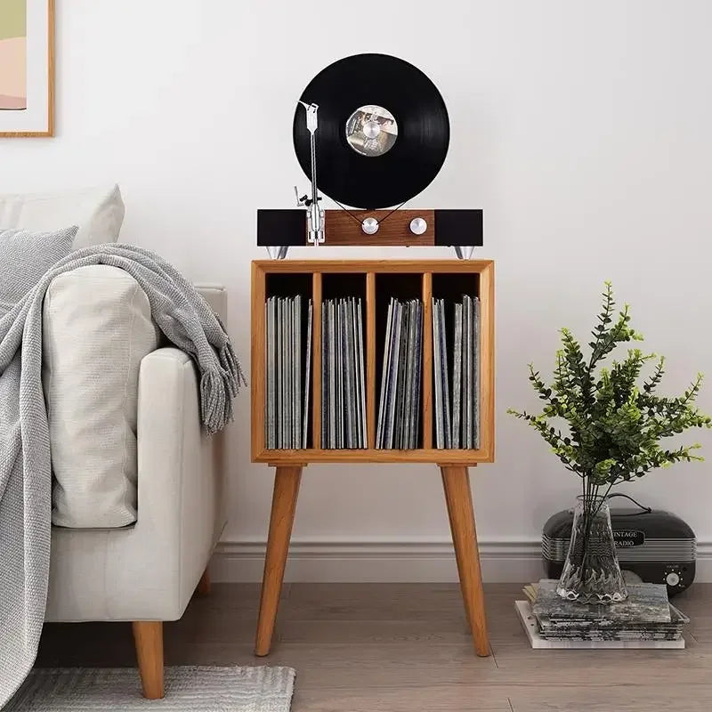 Record storage cabinet with vertical LP compartments, available in white, black, or walnut finish, mid-century modern vinyl organizer with tapered legs