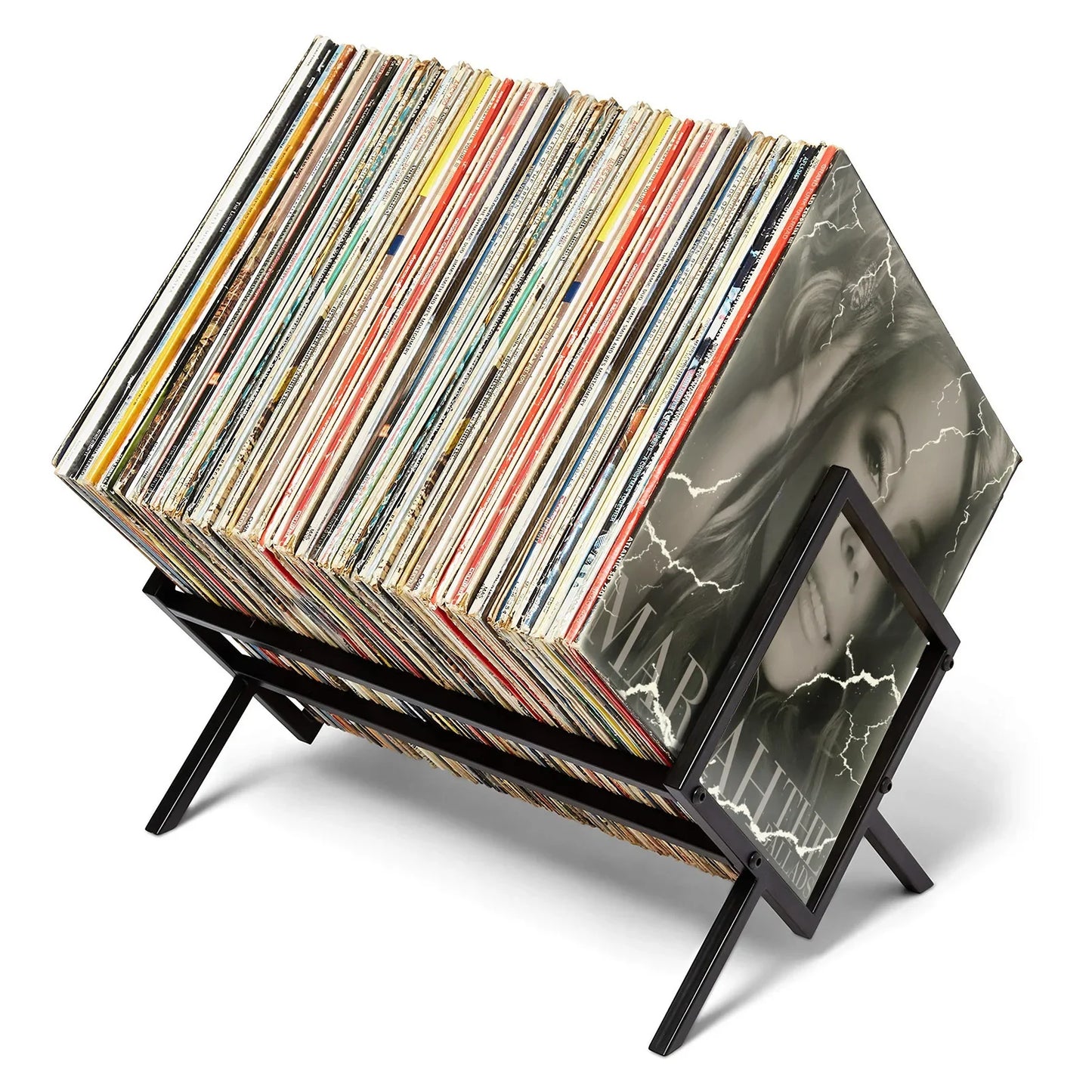 Modern steel vinyl record stand with angled frame and open storage design, holds up to 100 LPs, durable metal construction for easy album browsing and display