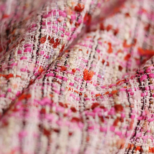 Retro pink speaker grill cloth with woven texture and sparkles – durable, acoustically transparent fabric for antique radios, guitar amplifiers, and home speakers.