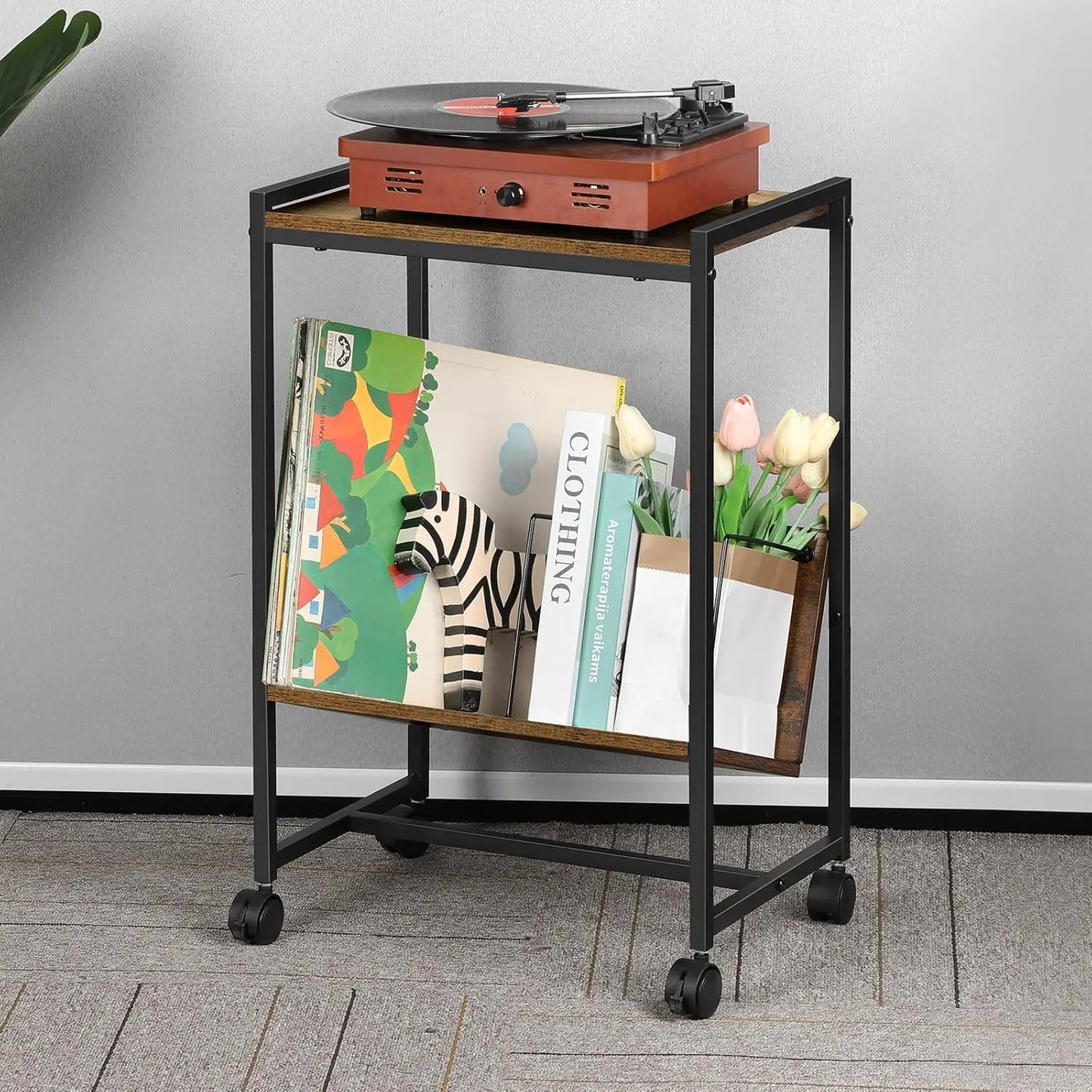 Record player stand with vinyl storage compartments, mid-century modern turntable table with shelves for LPs, audio accessories, and decor