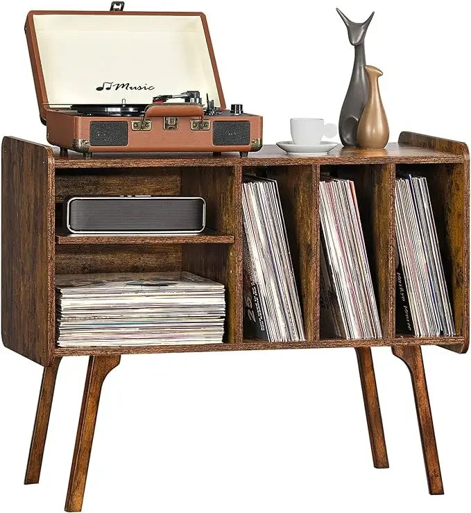 Mid-century record player stand with vinyl storage, available in white, walnut, and retro brown, featuring shelves and LP compartments for turntable setup