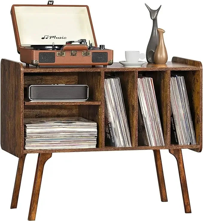 Mid-century record player stand with vinyl storage, available in white, walnut, and retro brown, featuring shelves and LP compartments for turntable setup