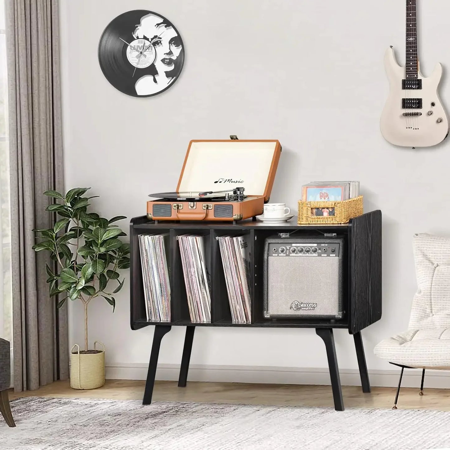 Mid-century record cabinet with vinyl storage and turntable tabletop, natural black wood finish, compact design for living room or home office