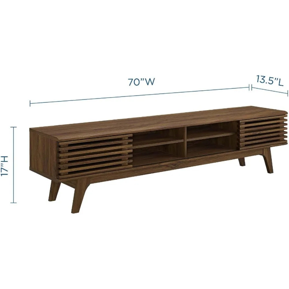 Mid modern century TV stand with wood finish, tapered legs, and storage shelves, retro media console for flat-screen TVs up to 65 inches