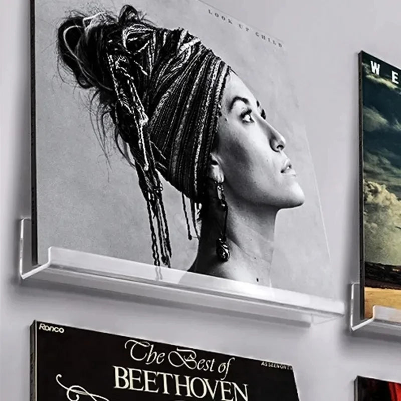 Vinyl record display shelf wall-mounted LP holder for showcasing album covers, stylish and durable storage solution for vinyl collectors