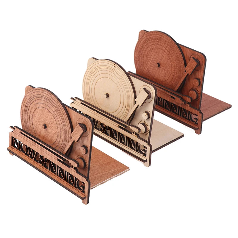 Wooden now spinning record stand with a laser-cut turntable design, available in multiple wood finishes, perfect for displaying vinyl album covers in style.